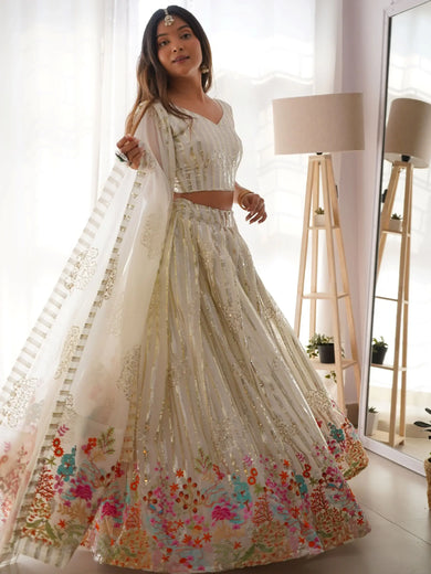 Stunning White Georgette Sequins Embroidered Lehenga Choli
